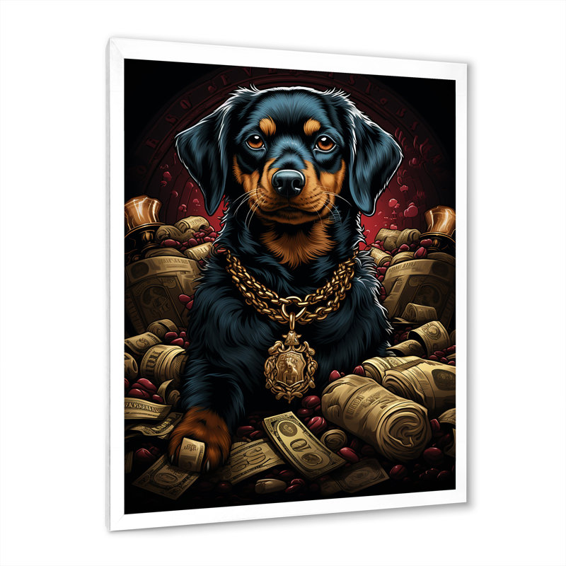 «Gangster Dachshund I» sur toile, Cadre simple blanc, H 32 po x l 24 po x P 1 po