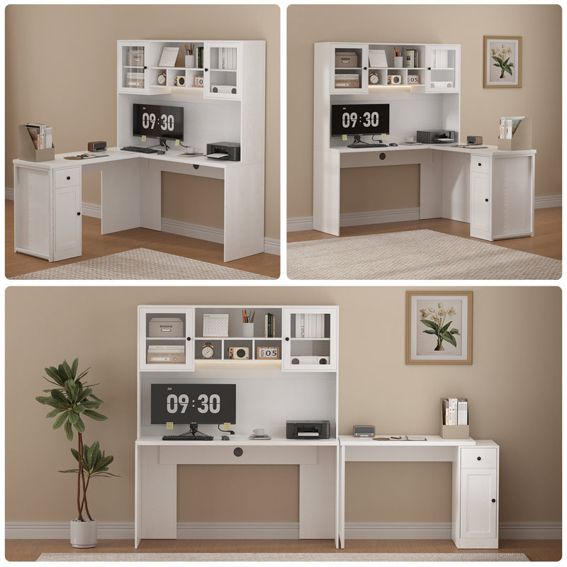 71“ Corner Desk with LED, White Computer Desk with Drawers,Reversible L Shaped Desk with Hutch & Storage Cabinet,  DIY Home Office Desk for Small Space