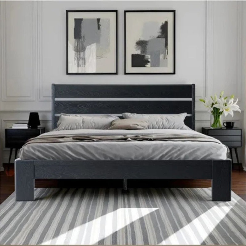Structure de lit double, lit plateforme en bois massif avec tête et pied de lit, structure à 12 lattes robustes, pieds en métal, aucun sommier tapissier, antidérapant et silencieux, finition chêne ébène