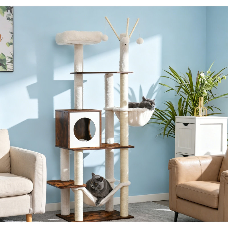 Arbre à chat 66,1 po en bois avec poteaux à griffer, hamacs et condo pour chats d'intérieur, Brun rustique