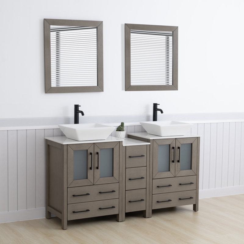 60" Double Bathroom Vanity with Engineered Marble Top with Mirror, Driftwood Gray