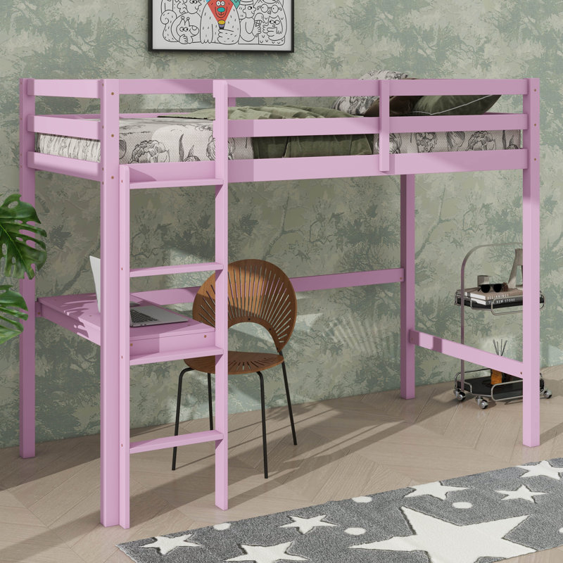 Twin Elevated Wooden Loft Bed, Comprehensively Fitted With Safety Railing, Integrated Desk, And Step Ladder, Pink