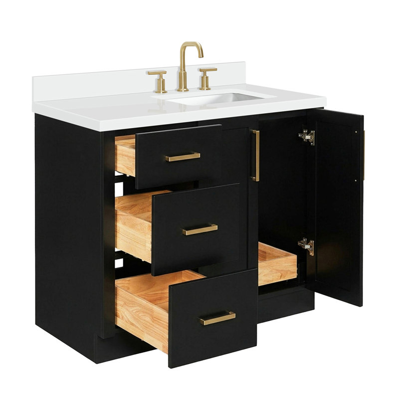 Meuble-lavabo rectangulaire simple décalé à droite de 43 pouces avec comptoir en quartz blanc pur de 1,5 pouce d'épaisseur et finition noire.