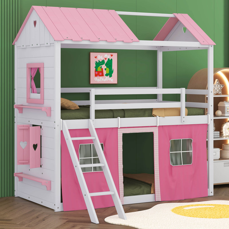 Kobart Bunk Wood House Bed with Elegant Windows, Sills and Tent, Twin, Pink/White