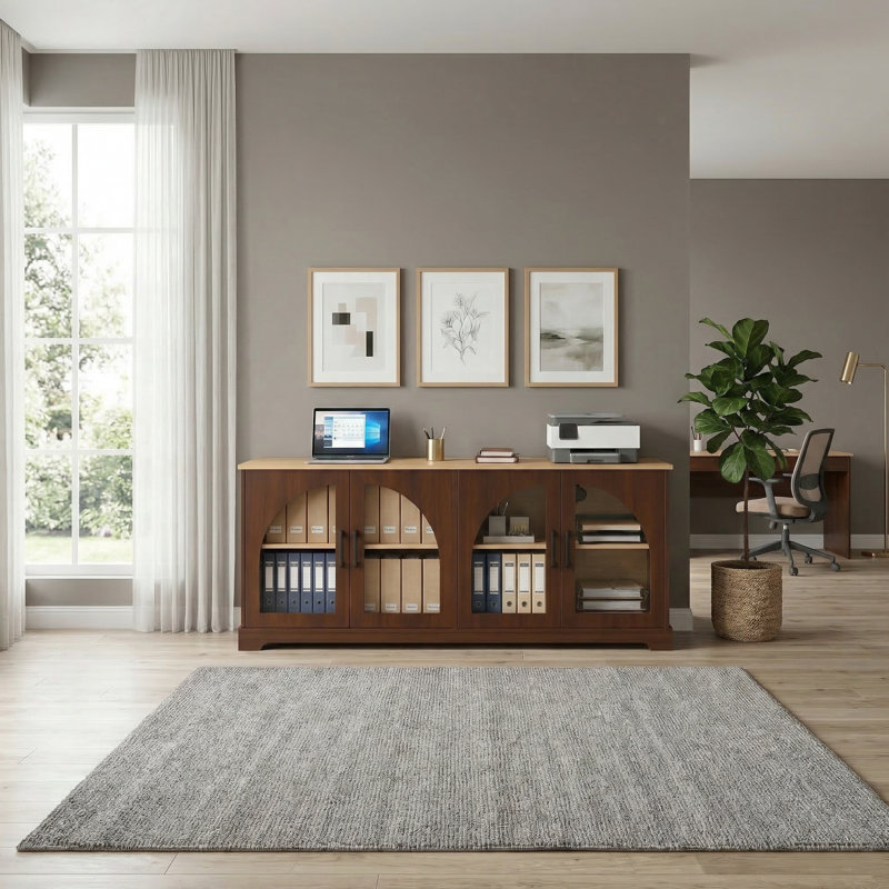 67" Farmhouse Storage Cabinet with Arched Glass Doors, Two-Tone Walnut & Natural Wood Grain, Warm Walnut