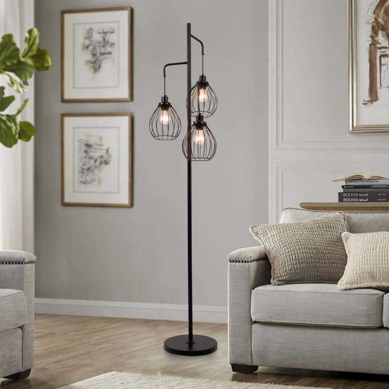 Lampe sur pied à 3 lumières avec cage à oiseaux à intensité variable 71 po, lampe sur pied en fer forgé noir avec interrupteur au pied pour le salon, la chambre à coucher