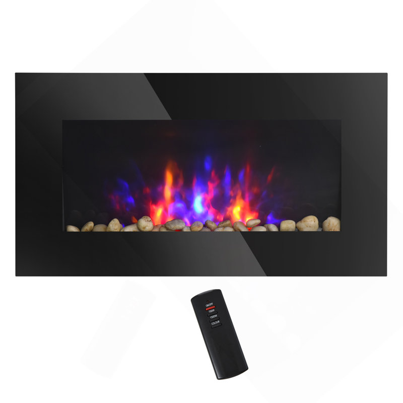 28.5" 1500W Electric Wall-Mounted Fireplace With Flame Effect, 7 Color Background Light, Black