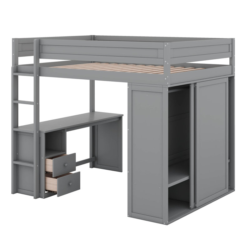 Lit mezzanine en bois avec placards, armoire et bureau à 2 tiroirs, Gris, Lit double