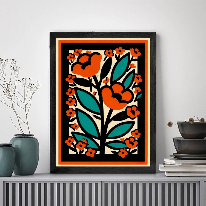 Art mural rétro noir avec motif floral - décorations bohème Mid-Century, H 17 po x l 13 po