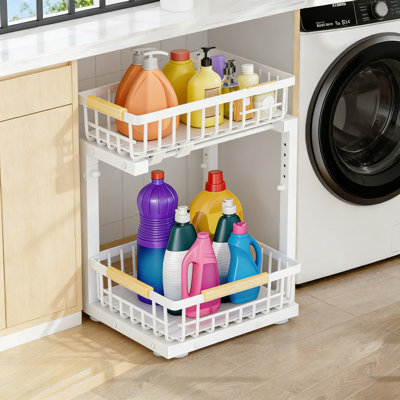 Rangement de tiroir coulissant sous le lavabo à 2 niveaux avec hauteur réglable, armoire de cuisine et de salle de bain robuste en métal pour un espace maximisé