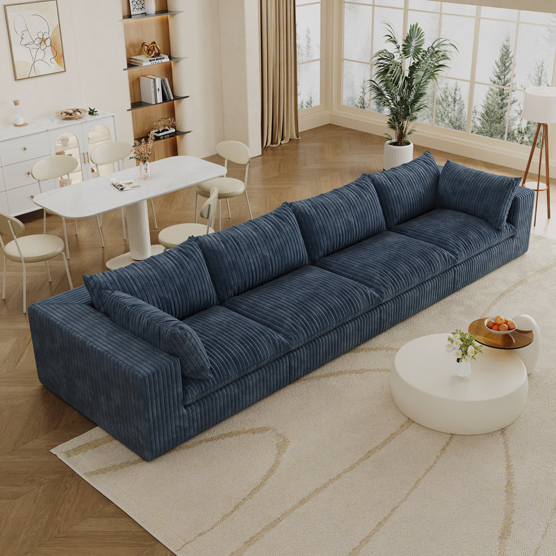 Canapé modulaire en velours côtelé avec assise profonde et coussins, Velours côtelé bleu, H 24 po x l 157,6 po x P 39,4 po
