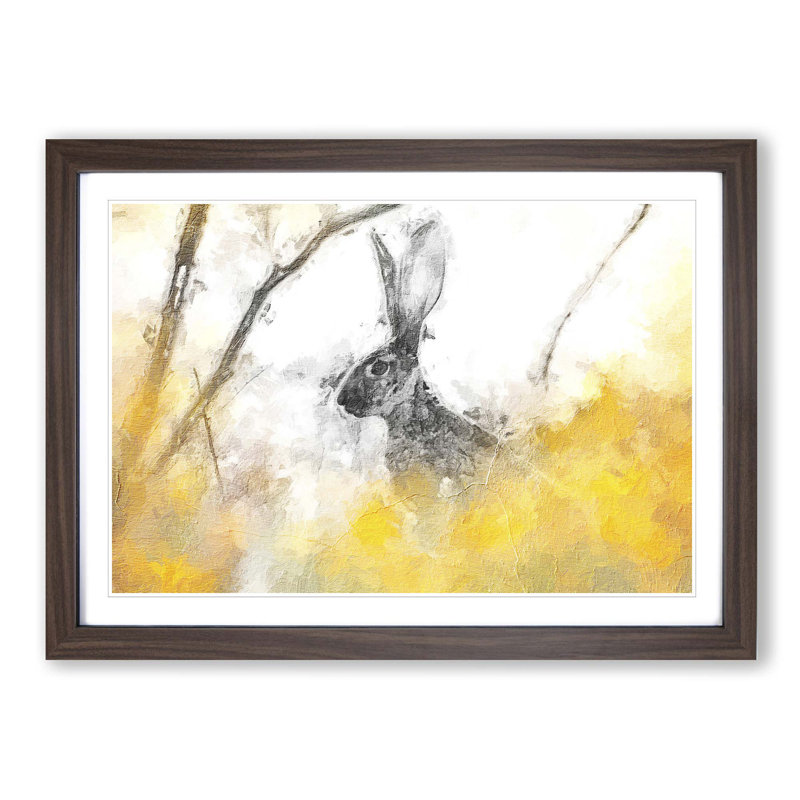 Alert Hare In The Meadow In Abstract - Single Picture Frame Painting, 45cm H x 63cm W x 2cm D, Walnut Framed