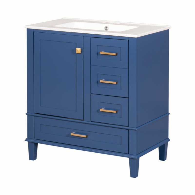 Meuble-lavabo moderne de 30 po avec ensemble de meuble-lavabo 30 po, armoire de rangement pour salle de bain avec porte à fermeture douce et 3 tiroirs, structure en bois massif (gris)