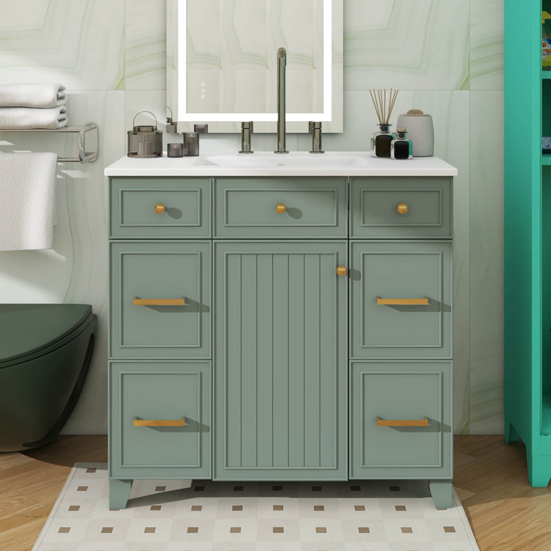 Meuble-lavabo de 36 po avec lavabo en céramique robuste, portes à fermeture en douceur, tablettes flexibles et tiroirs spacieux