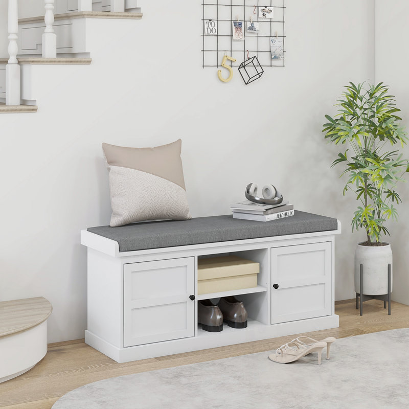 Shoe Bench with Cushion and Adjustable Shelf