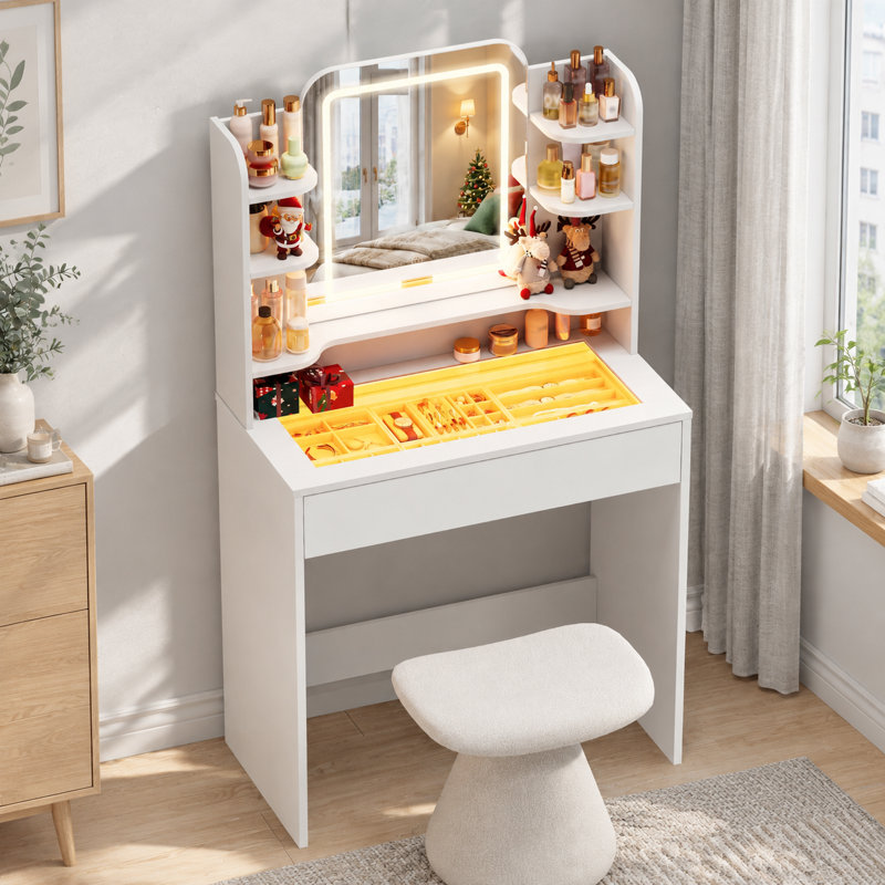 Coiffeuse avec miroir DEL, plateau en verre trempé et tablettes de rangement