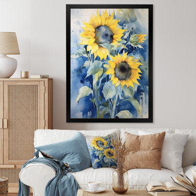 Jaune, bleu, tournesol doré, impression sur toile florale