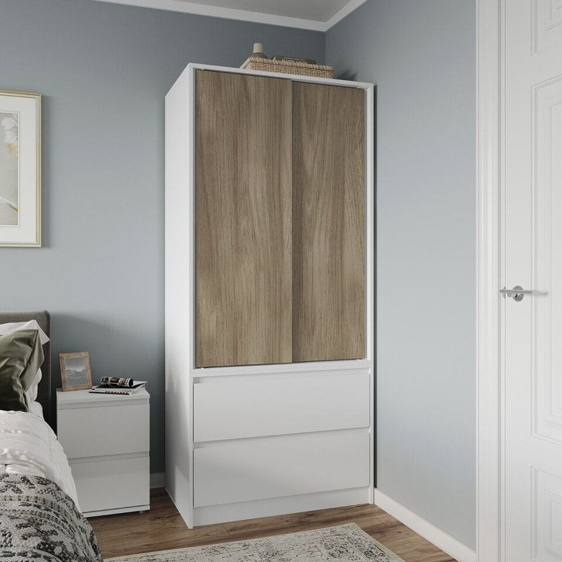 Solid Wood Wardrobe, White/Oak