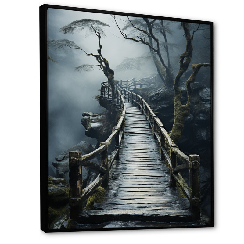 «Belony Grey Bridge Tranquil Passage Slate», reproduction sur toile, H 32 po x l 24 po x P 1 po, Cadre flottant noir