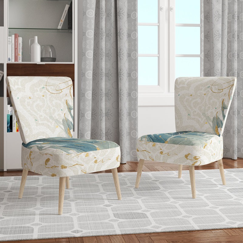 Damas / Abstrait / Motif - Chaise d'appoint rembourrée traditionnelle, Beige / or / bleu clair