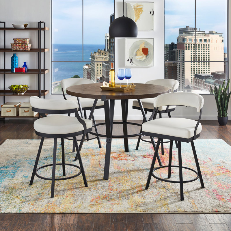Alisier Finish Metal Round Counter Height Table With Vegan Leather Swivel Chair Set - 5-Piece, White
