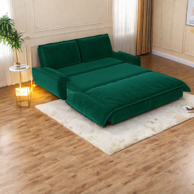 Spacious Multifunctional Velvet Sofa Bed, Modern Green Convertible Loveseat For Home