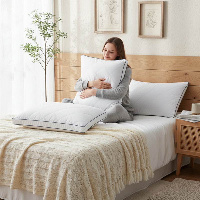 Quilted Goose Feather & Down Pillows (Set of 2) – Medium Firm Bed Pillows with Breathable 100% Cotton Shell, Gusseted Design for Side & Back Sleepers Standard