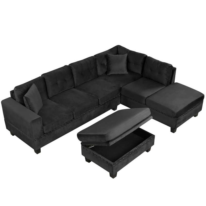 Canapé modulaire de 105 po avec repose-pieds avec rangement, canapé en L avec 2 coussins et porte-gobelets, canapé modulaire avec méridienne réversible pour le salon