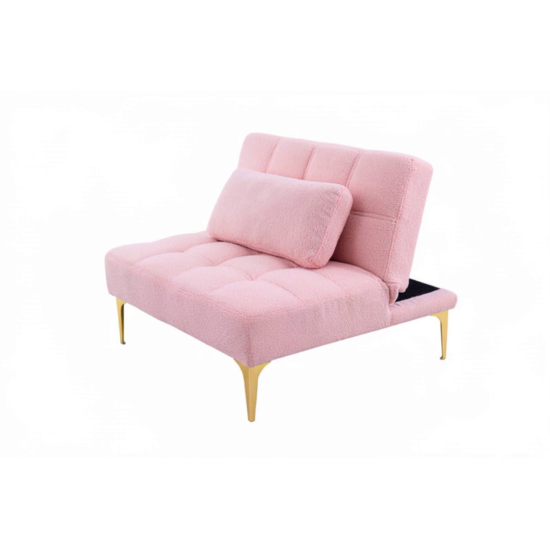 Convertible Single Sofa Bed Futon With Teddy Fabric And Gold Metal Legs For Small Spaces