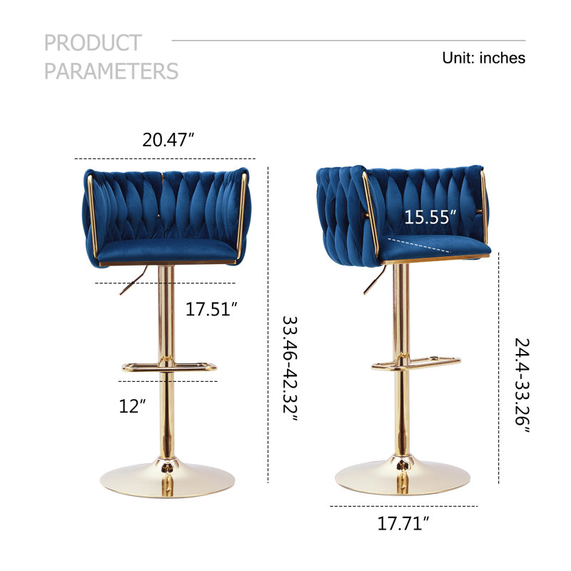 Swivel Adjustable Height Bar Stool Modern Velvet Bar Stool with Metal Frame, Navy