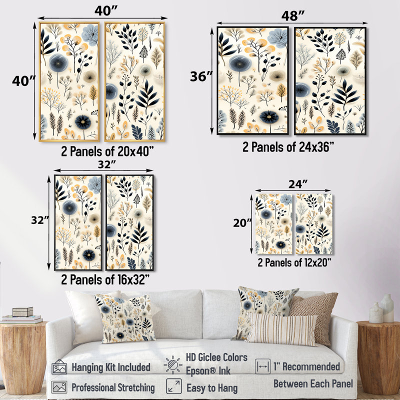 Art mural en toile monochrome botanique - bohémien et éclectique 2 pièces, H 36 po x l 48 po, Impression encadrée flottante