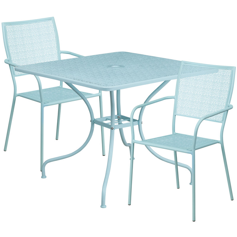 Janeth 35.5'' Square Indoor-Outdoor Steel Patio Table Set with 2 Square Back Chairs, Sky Blue