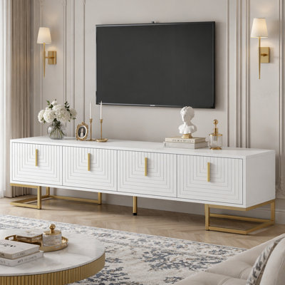 Meuble télé moderne avec pieds en métal et poignées dorées pour téléviseurs de 80 po ou moins, console média avec armoires et tablettes réglables, meuble télé de luxe avec lignes géométriques