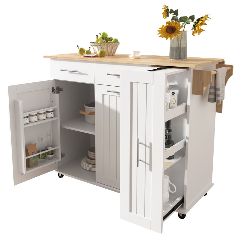 K&K Kitchen Island With Drop Leaf, White