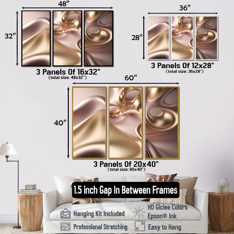 Subtile sophistication en rose exquis et doré - reproduction d'art sur toile 3 pièces, H 40 po x l 60 po