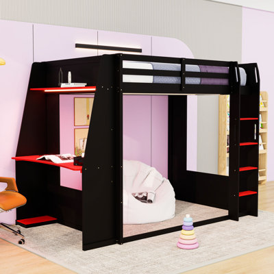 Lit superposé grand en bois avec bureau intégré, port de charge USB, éclairage DEL et tablettes