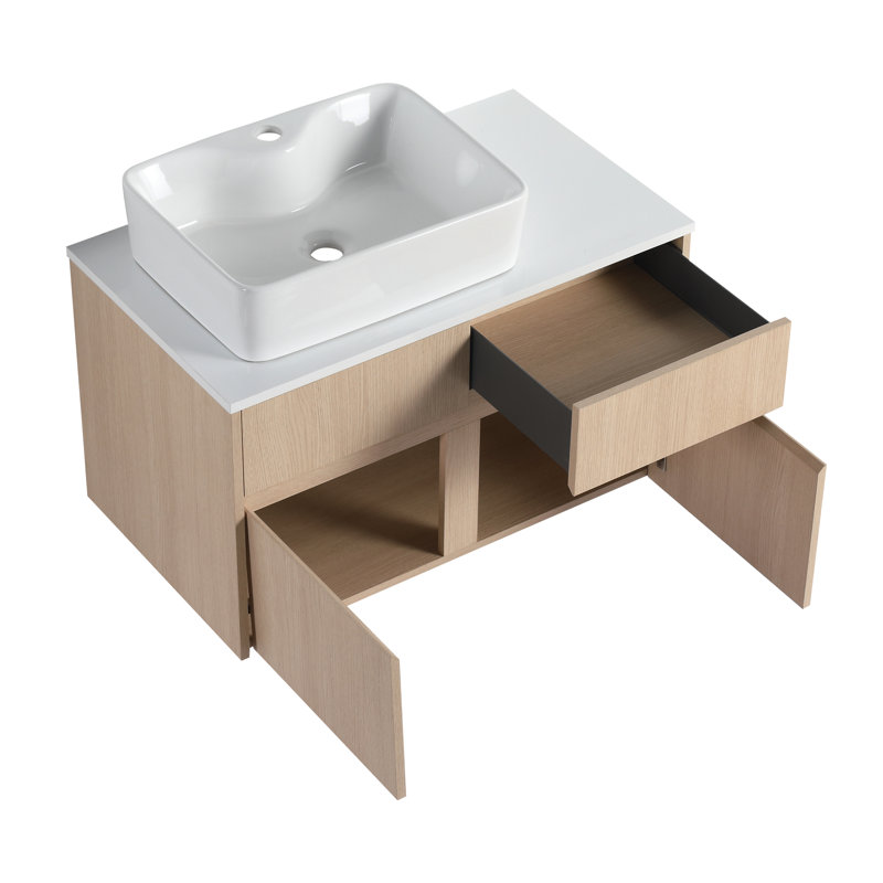 Meuble-lavabo mural 32 po avec vasque en céramique et portes à fermeture en douceur Waverly, Chêne blanc