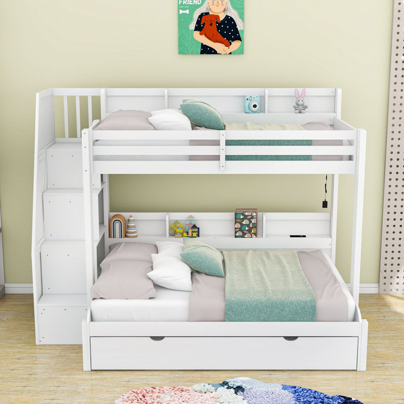 Lit simple superposé au dessus d'un lit double avec escalier de rangement, lit gigogne simple, DEL, USB et tablettes, Blanc