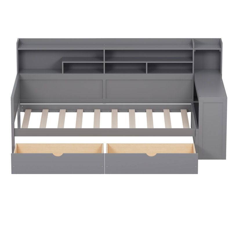 Lit de jour simple en bois gris avec tablette de rangement, deux tiroirs et un bureau d'étude pour maximiser l'efficacité de la chambre à coucher - installations latérales en bois de grande taille, gain de place à l'extrémité du pied
