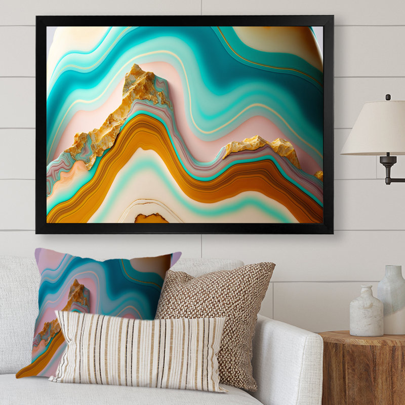 Liquide Harmony agate turquoise sur toile, Cadre simple noir, H 12 po x l 20 po x P 1 po