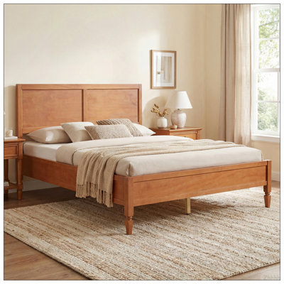 Queen Size Wood Platform Bed Frame with Classic Panel Headboard, Wooden Slats Support, No Box Spring Needed, Easy Assembly, Brown