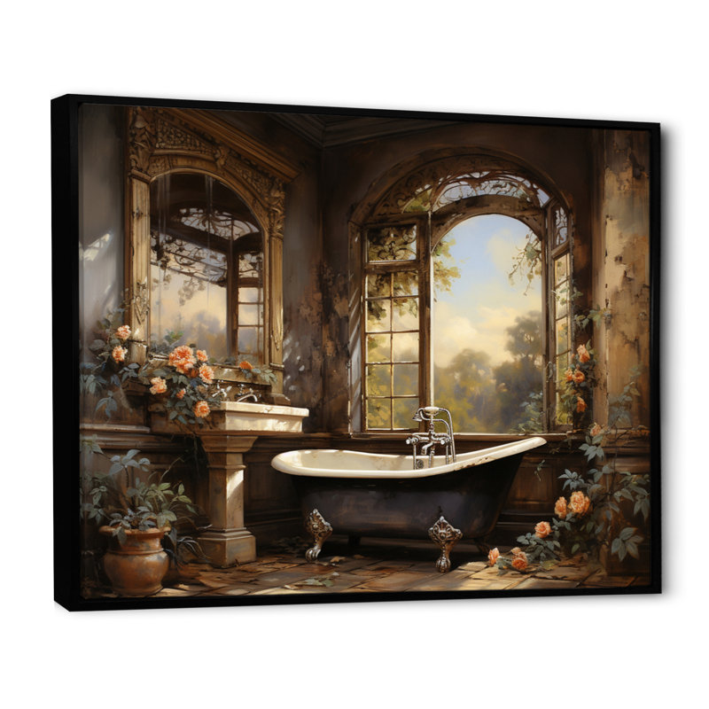 «Bathroom Vintage Elegance I» - Art mural de salle de bain, H 12 po x l 20 po x P 1 po, Cadre flottant noir