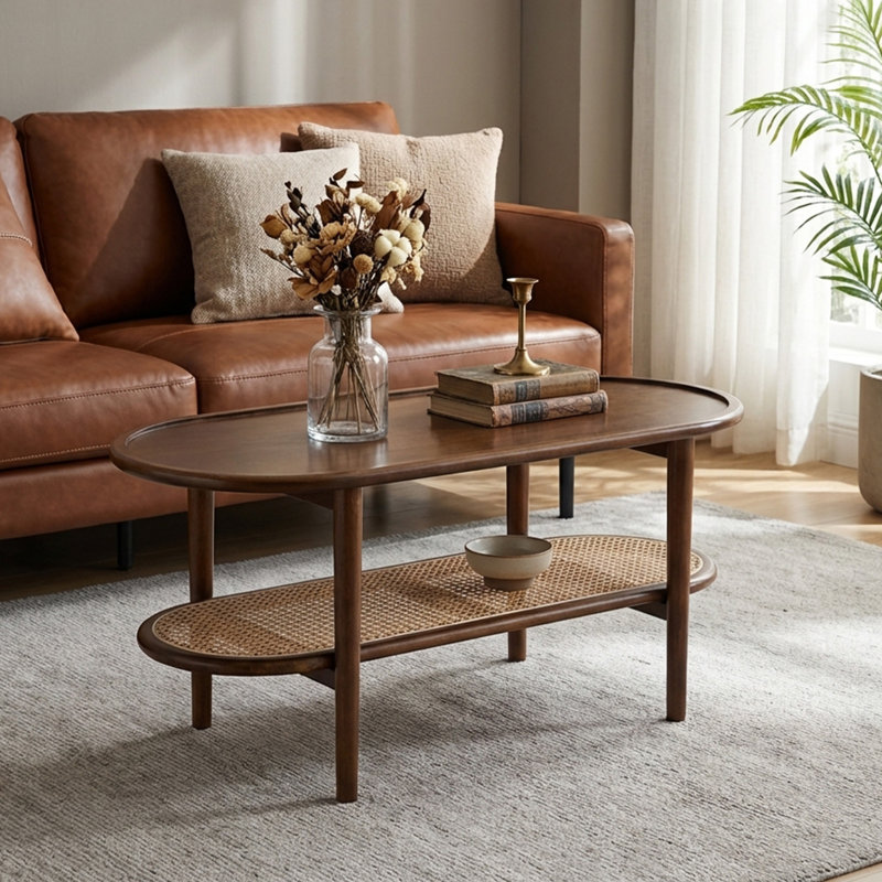 Table basse ovale en bois massif avec tablette en rotin Arzate, Noyer