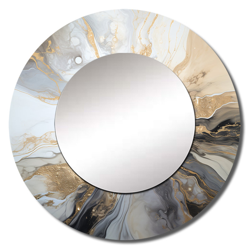 «Ronnita Lightning», art liquide imprimé noir et noir - miroir décoratif éclair, miroir mural rond beige, 23 po x 23 po