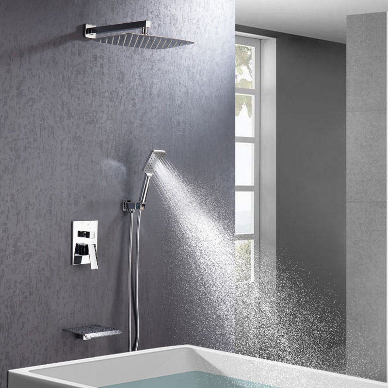 Single-Handle 3-Spray Square High Pressure Shower Faucet with Spout 12 in. Shower Head (Valve Included), Polished Chrome