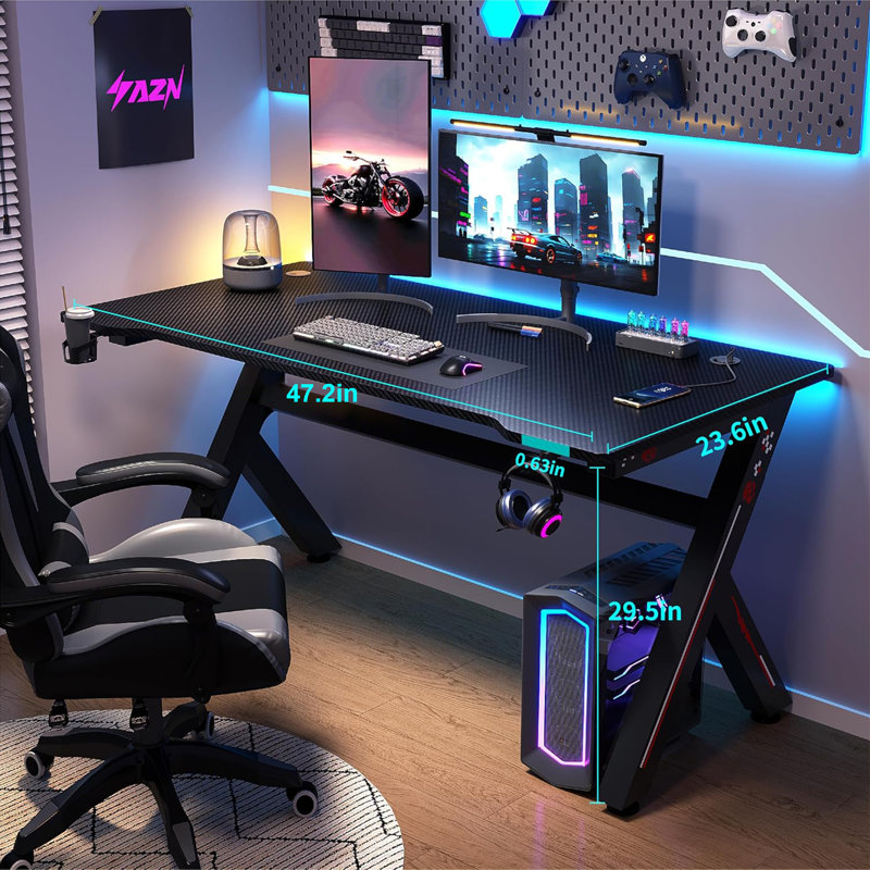 Gaming Desk Computer Table W/Cup Home Office, Black, 29.5" H x 47.2" W x 23.6" D