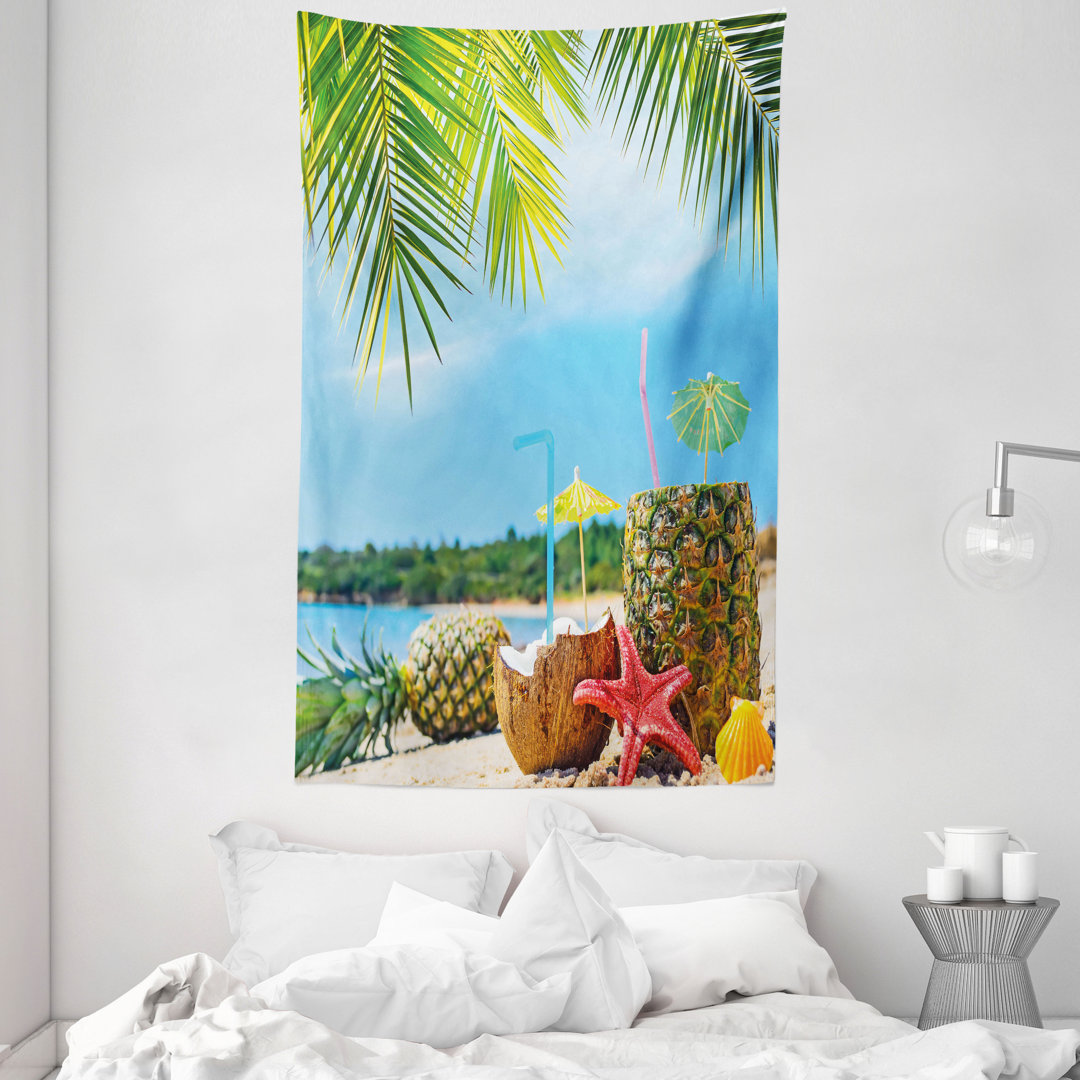 Wandteppich, Kokosnuss Ananas Sommer, Blau Grün Braun