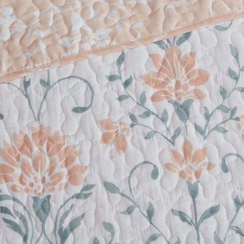 CEDAR COURT  JasperPeach/Green All-Season Reversible Cotton Quilt Set, King Quilt + 2 King Shams