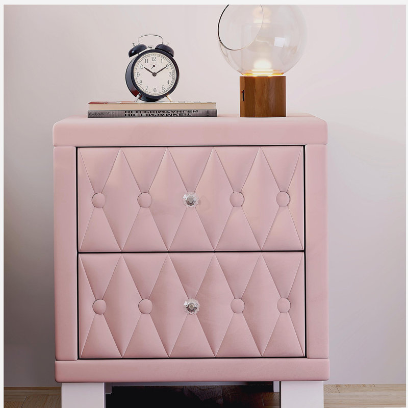 Élégante table de chevet en velours avec 2 tiroirs et poignée en cristal, table de chevet avec capitonnage à boutons, rose