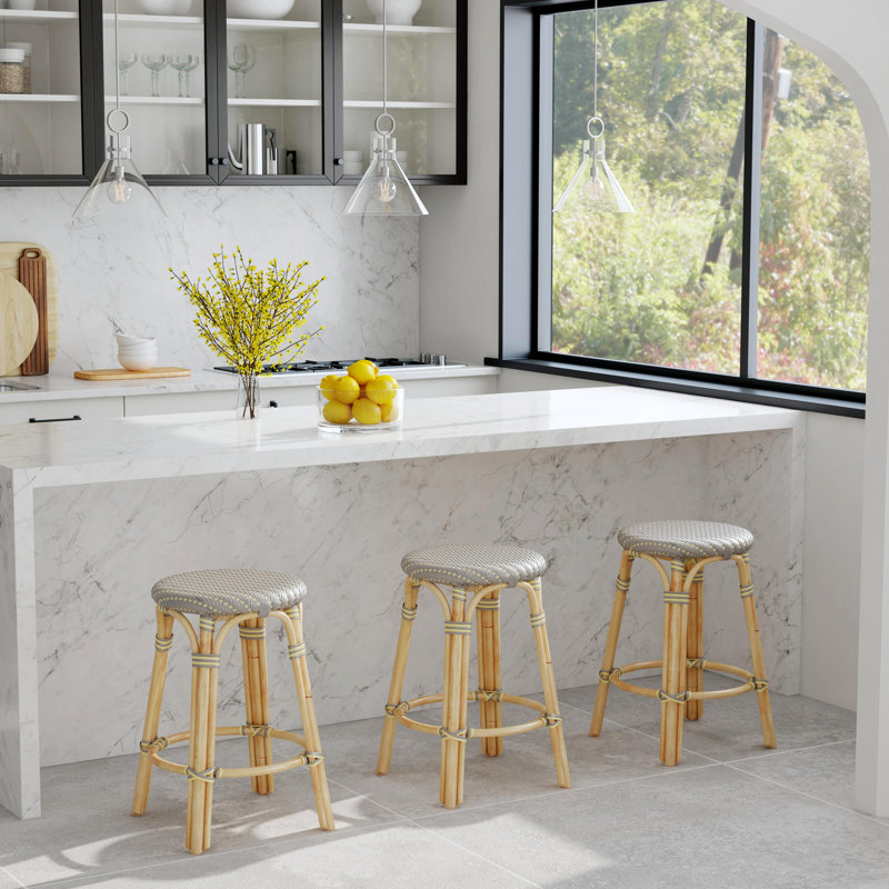 Alastair Bar & Counter Stool, Glossy White/Natural Rattan Frame, Counter Stool (24" Seat Height)